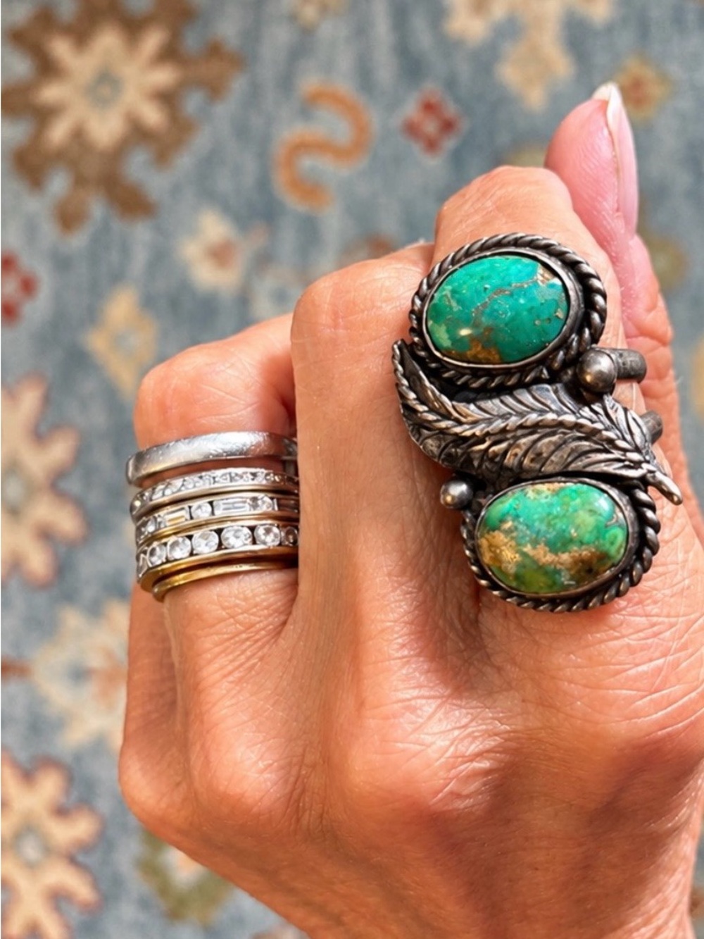 Estate/Vintage sterling Turquoise Double Stone Feather Ring - Women Jewelry